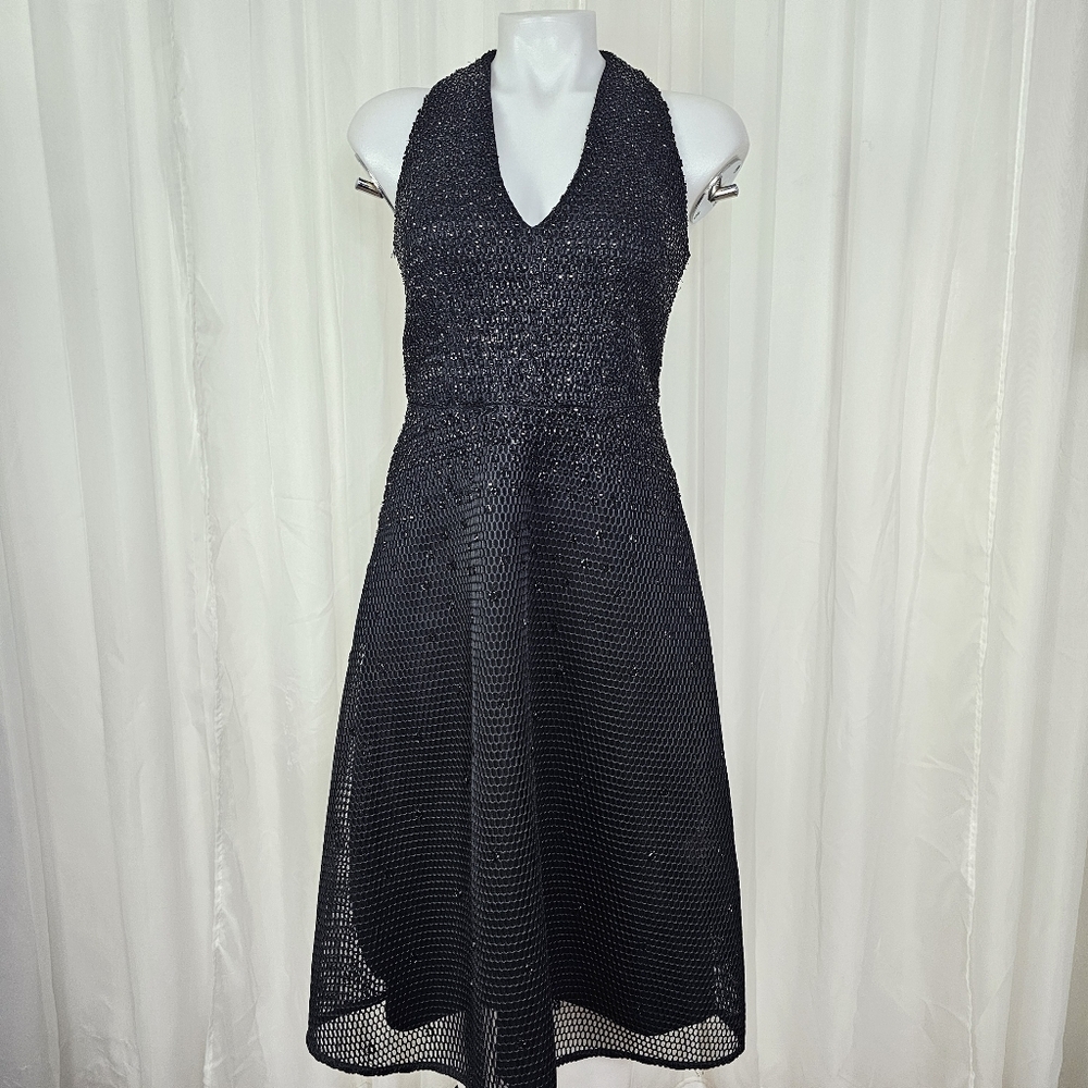 Aidan Mattox Black Bead And Mesh Cocktail Dress Sleeveless V-Neck Size 0